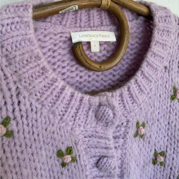 LoveShackFancy Alpaca Knit Cardigan in Lilac with Floral Details Women’s Small - Picture 4 of 5